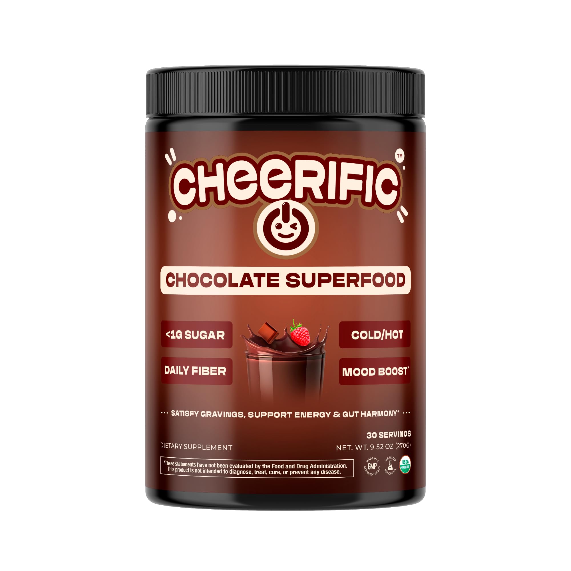 Cheerific Dark Chocolate Superfood Powder - 17 Organic Superfoods + Prebiotic & Probiotics + More - Keto Friendly - Supports Positive Mood, Gut Health - Vegan, Gluten Free, Non-GMO - 30 Day Supply