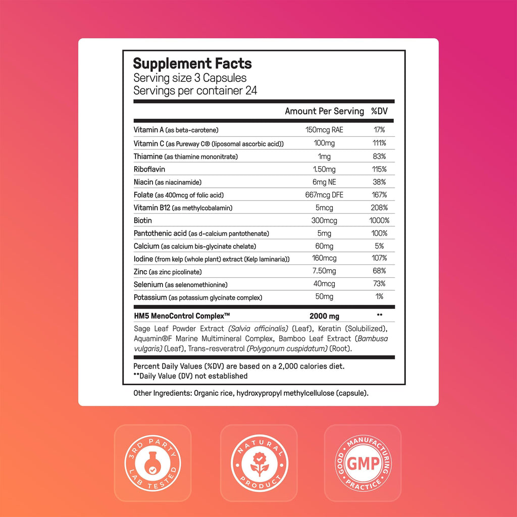 Happy Mammoth Meno Daily Menopause Vitamins & Supplements for Women, Boost Metabolism, Healthy Skin, Hair and Nails, Hot Flash, Mood Support, 72 Capsules