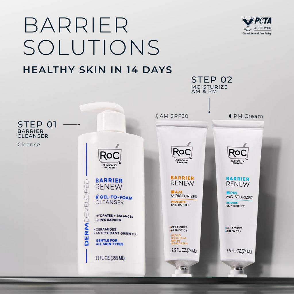 RoC Barrier Renew Night Moisturizer with Ceramides & Antioxidant Green Tea and Lipo Peptides to Renew Skin Barrier, (2.5 oz) with Retinol Eye Cream Packette