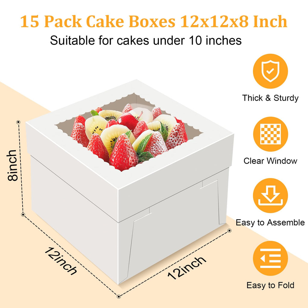 15 PCS Cake Boxes 12 Inch, 12x12x8 Tall Cake Box, 12 Inch Cake Box with Window, White Bakery Boxes, Large Baking Boxes, Cajas Para Pasteles, 12x12 Cake Boxes for Birthday, Wedding, Party, Business