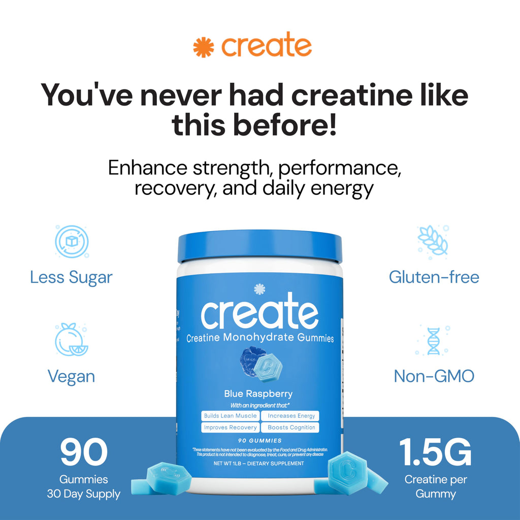 Create Creatine Monohydrate Gummies for Men & Women, Boost Focus, Strength, and Endurance, Anti-Melting Formula, Vegan, Gluten-Free, Non-GMO, 1.5g of Creatine per Gummy (Blue Raspberry)