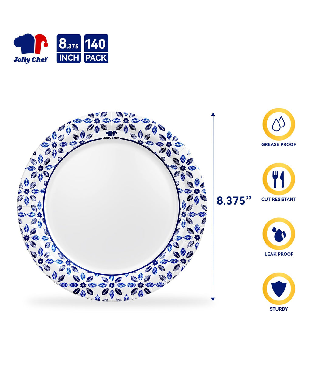 JOLLY CHEF 8.37 inch Disposable Paper Plates 140 Count Soak Proof, Cut Proof, Heavy Duty Printed Disposable Plate for Everyday Use