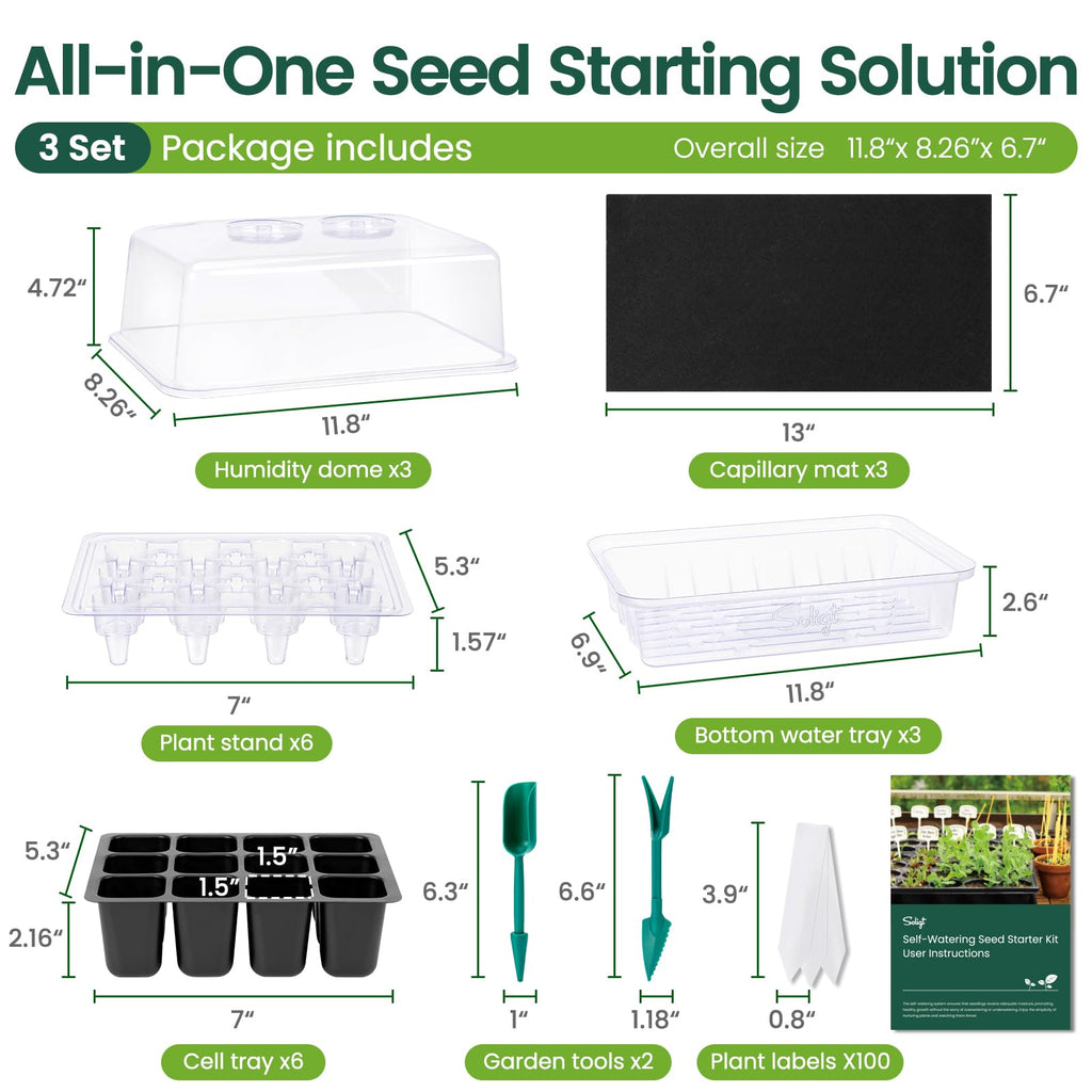 SOLIGT Self Watering Seed Starter Trays with Humidity Domes 3 Pack 72 Cells