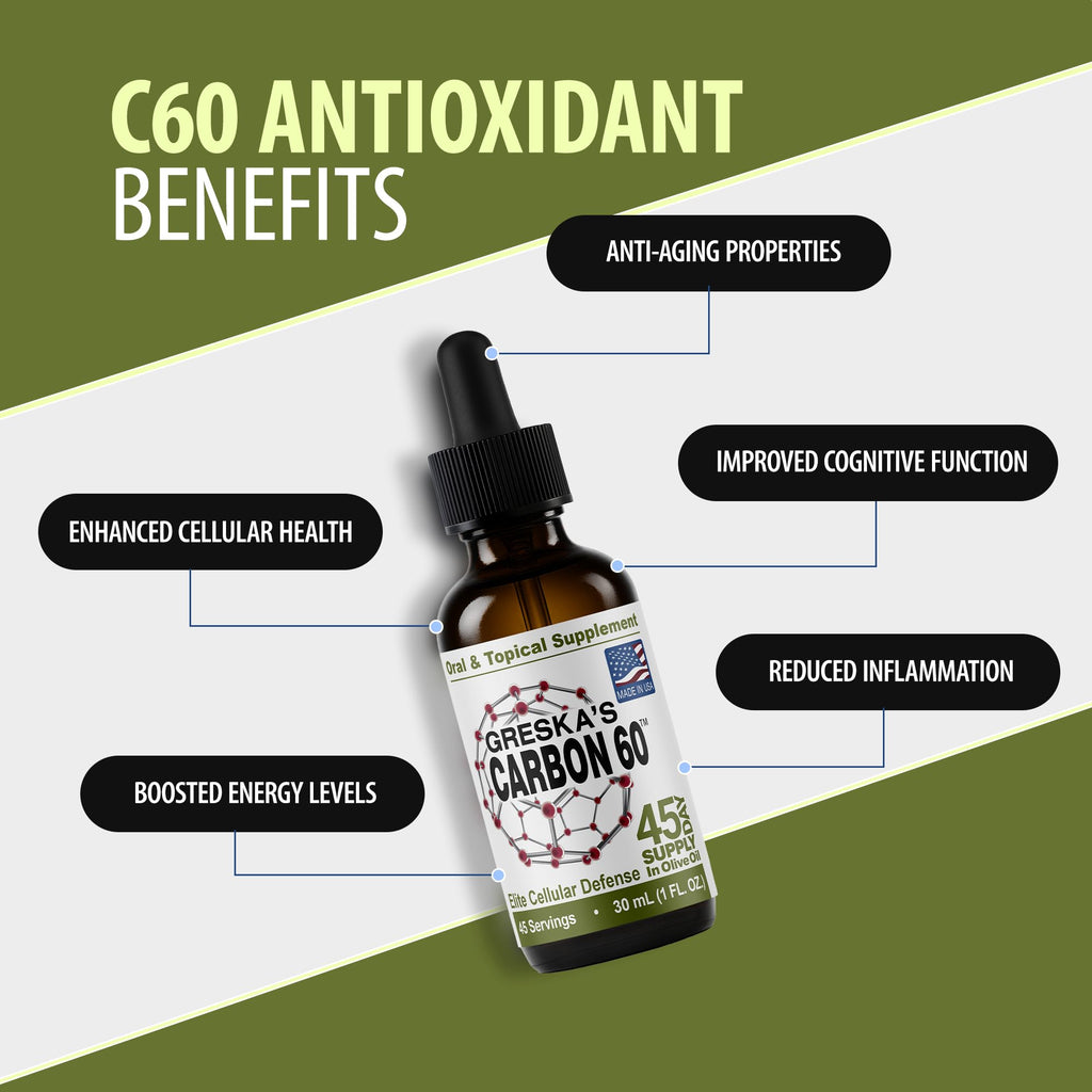 Greska's C60 in Organic Olive Oil - 45 Day Supply - Solvent-Free Carbon 60 Antioxidant Formula for Cellular Support, Vitality, Focus & Overall Wellness (1oz)