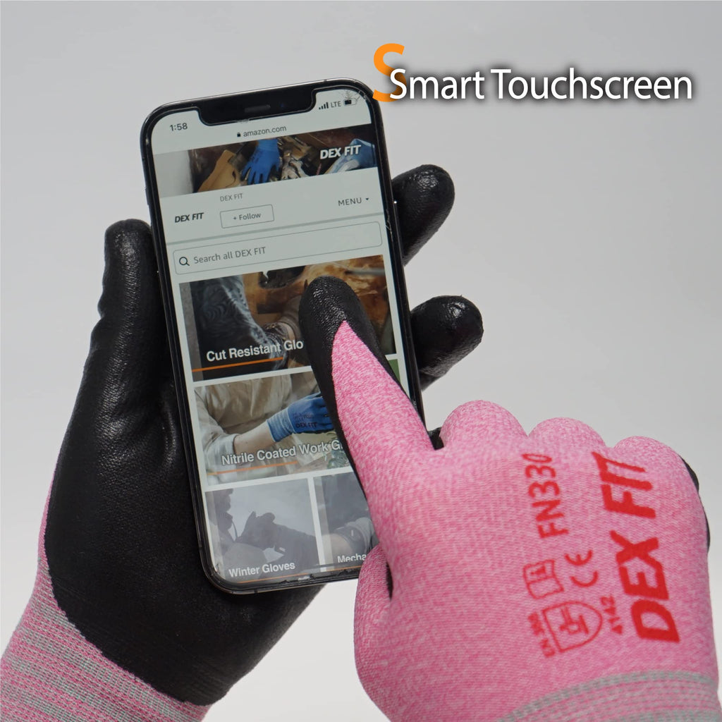 DEX FIT Nitrile Work Gloves FN330, 3 Pairs, 3D-Comfort Stretchy Fit, Firm Grip, Thin & Lightweight, Touch-Screen Compatible, Durable, Breathable & Cool, Machine Washable; Pink XXL (11)