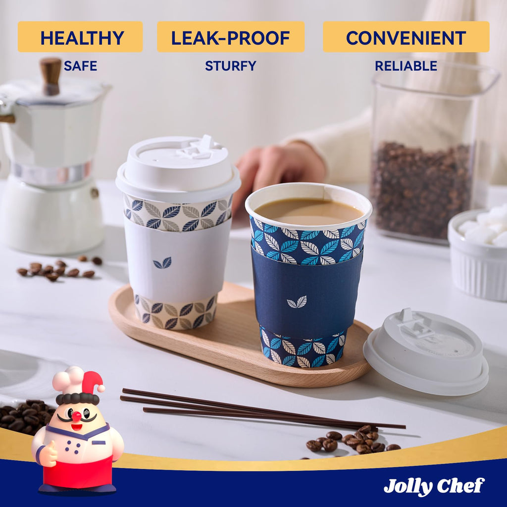 JOLLY CHEF 12oz Paper Coffee Cups with Lids 100 Pack