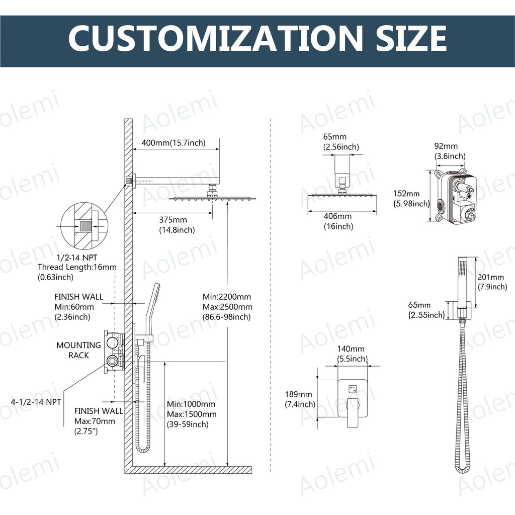 Aolemi Shower Faucet Set Rain Shower System with Handheld Spray Bathroom Shower Combo Rough-in Valve and Shower Trim Kit Included Brushed Nickel 16 Inch Wall Mount Shower Head
