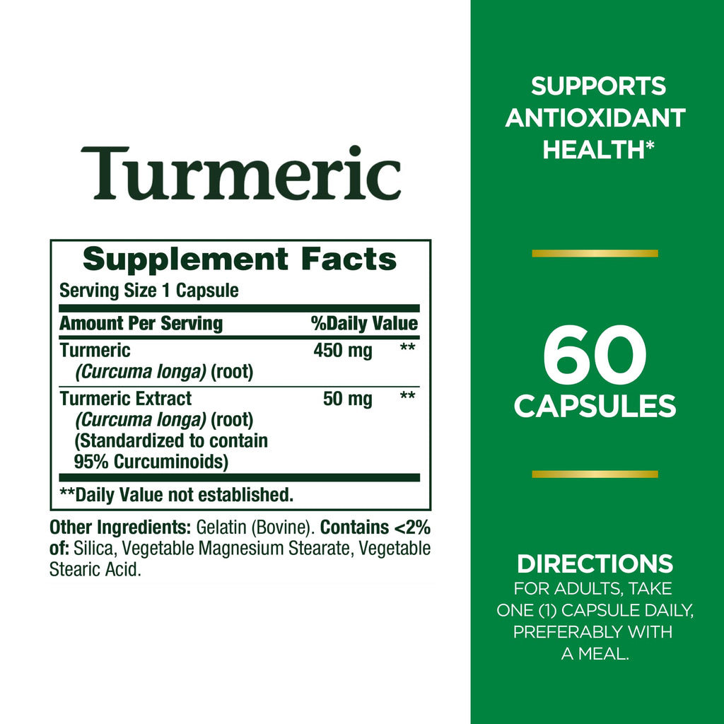 Nature's Bounty Turmeric Capsules, Herbal Supplement with Plant-Based Antioxidants, 450 Mg, 60 Count (Pack of 2)