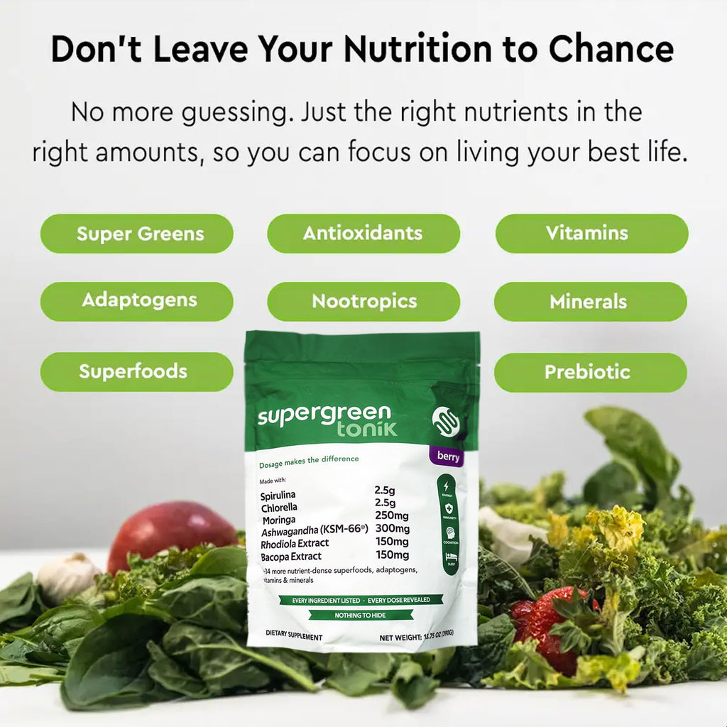 SUPERGREEN TONIK 100% Natural Greens Superfood Powder – Daily Supplement with 40 Superfoods, Vitamins and Minerals – Supports Energy, Stress and Immunity – 30 Days 360 Grams Berry Flavor (1 Bag)