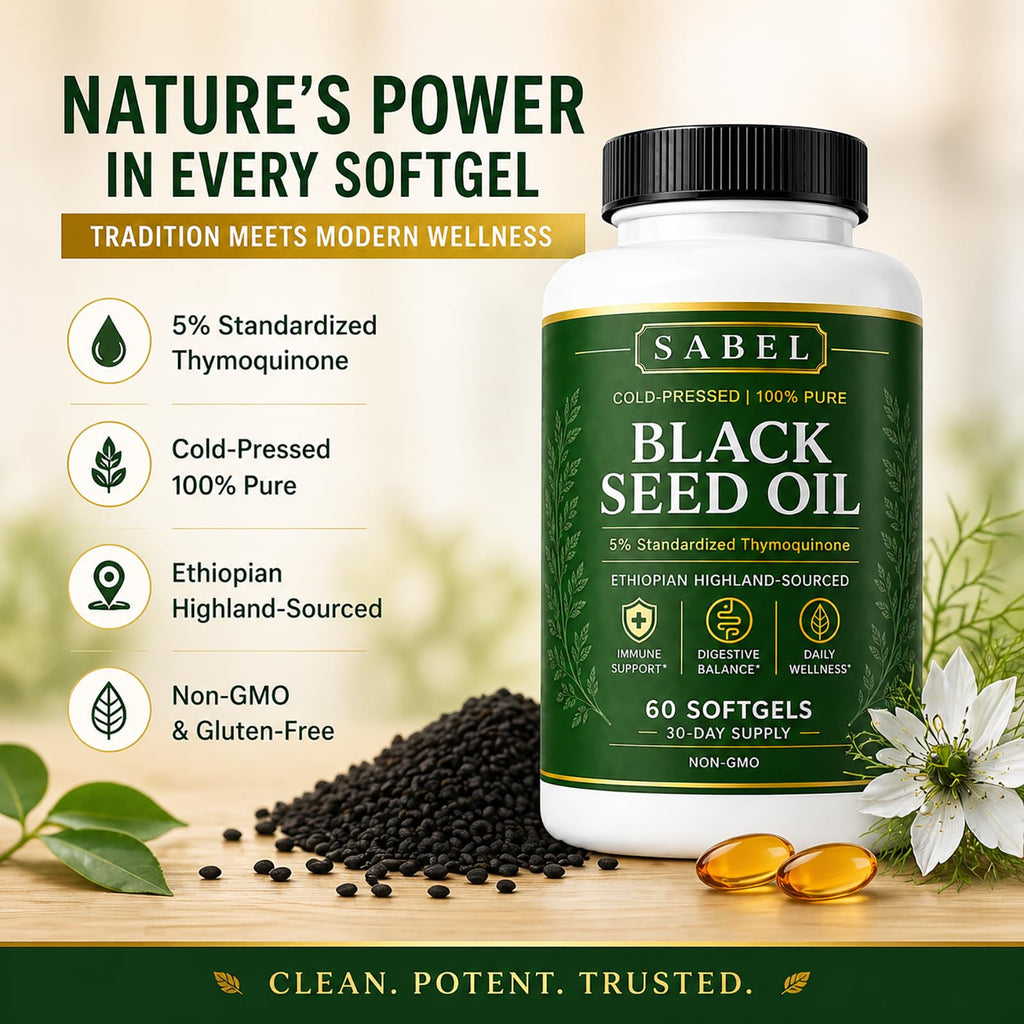 Ethiopian Black Seed Oil Capsules, with 5% Thymoquinone & Carvacrol, Digestive Balance & Daily Wellness, Non-GMO, Gluten-Free, 60 Count Softgels