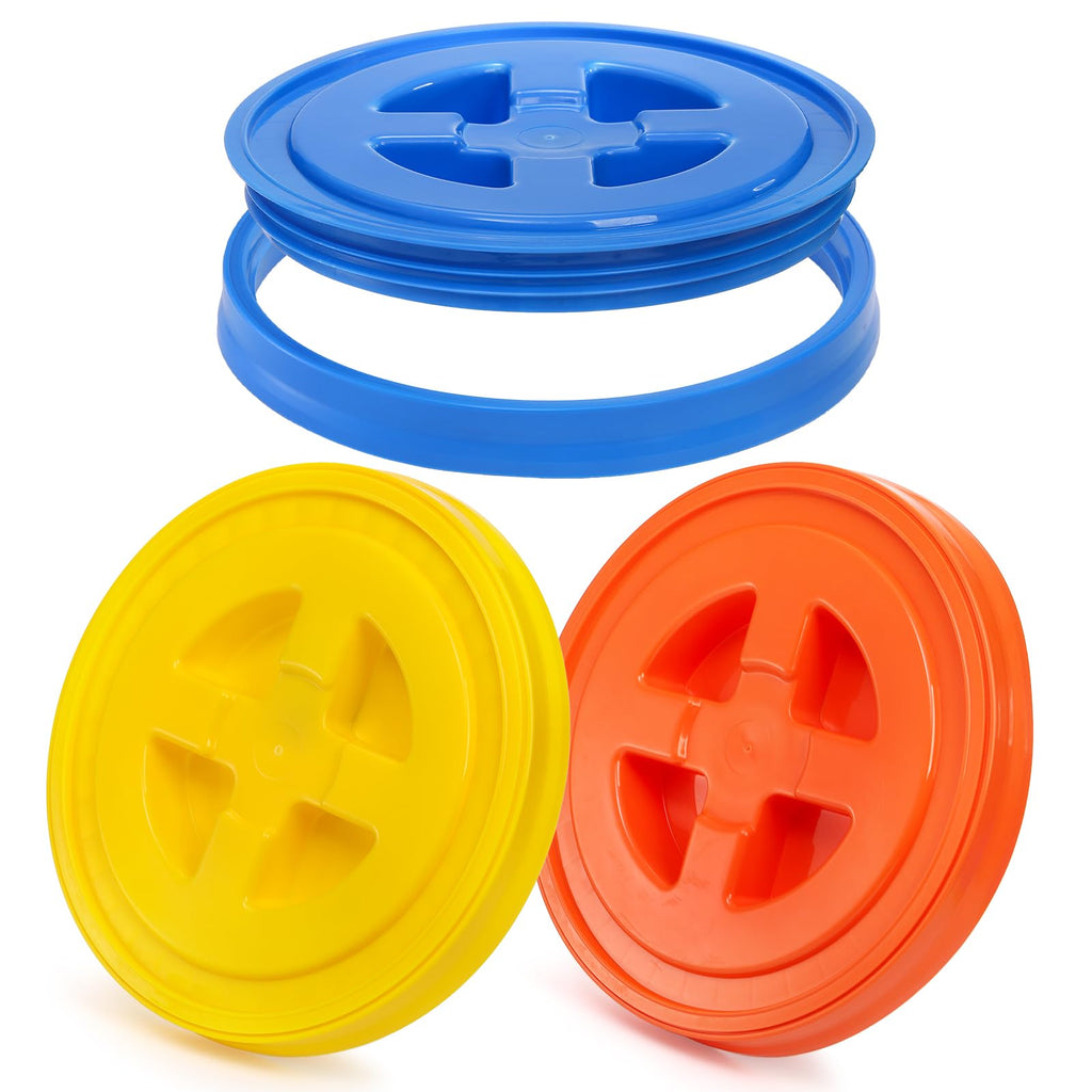 Hacaroa 3 Pieces 5 Gallon Bucket Lids, 12 Inch Plastic Screw Top Seal Lids, Leak-proof Reusable Bucket Twist Lid Caps for Pet Food, Grain, Paint Storage Buckets, 3 Colors