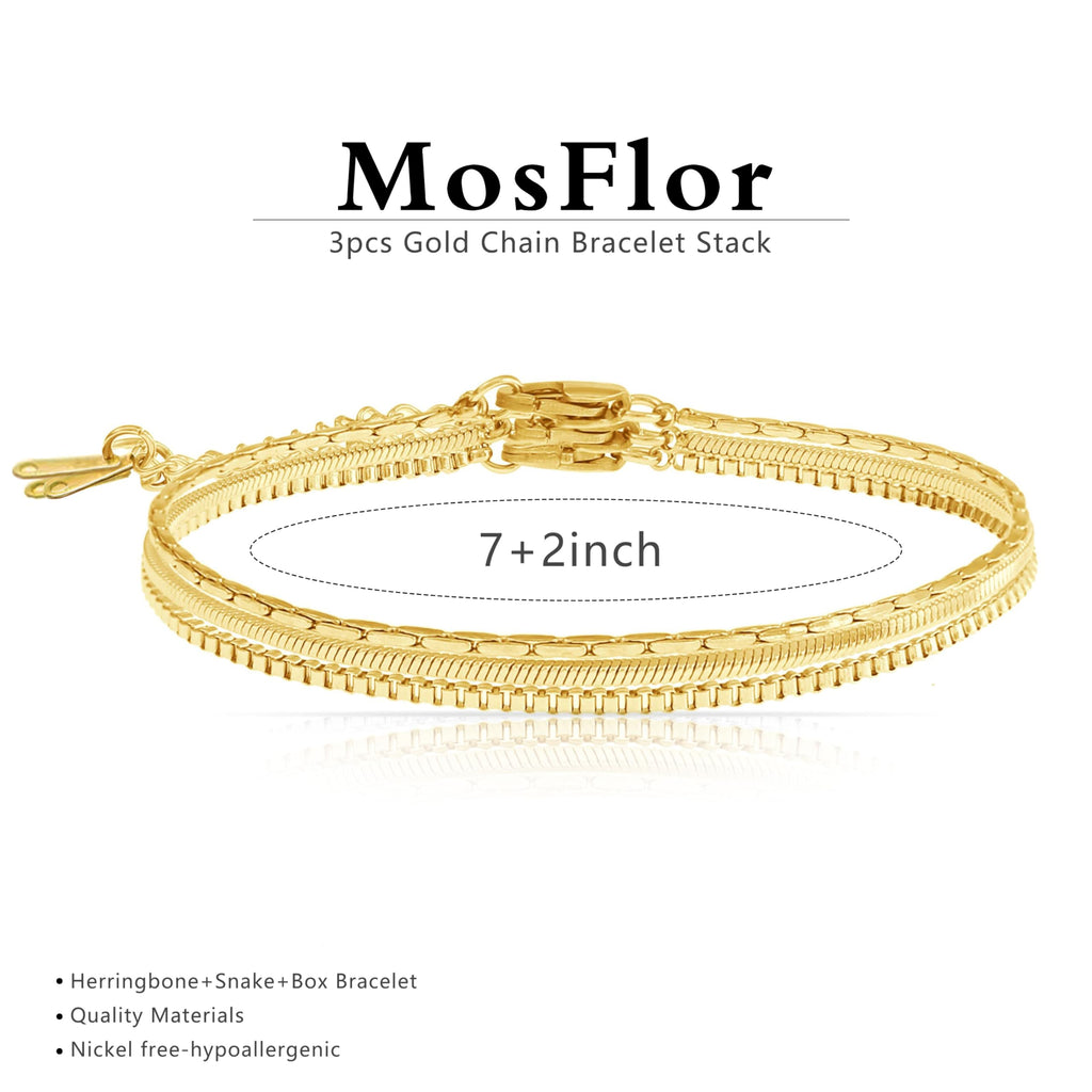 Gold Chain Bracelet for Women Men Trendy - 14K Gold Plated Bracelet Dainty Gold Snake Link Bracelet Stack Simple Jewelry Chain Set Adjustable Bracelet Accessories for Dad Husband 3 Pcs