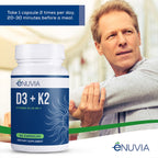 Enuvia D3+K2 - Vitamin D3 K2 Supplement for Women and Men - 60 Veggie Capsules - with Bioperine Black Pepper Extract - Supports Maximum Calcium Absorption and Heart and Bone Health - Made in The USA