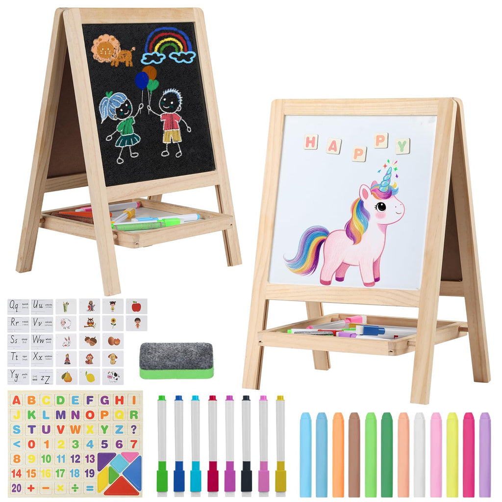 Tabletop Painting Wooden Art Easel for Kids - 4-in-1 Double-Sided Drawing Board for Toddlers 2-4, Chalkboard & Dry Whiteboard with Markers, Eraser, Magnetic Letters/Numbers & Flashcards