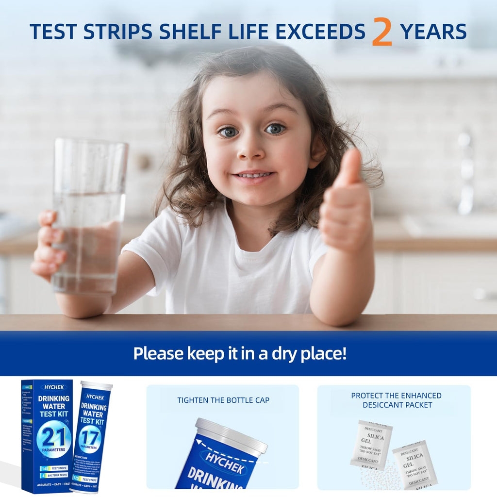 HYCHEK 21 in 1 Accurate Drinking Water Testing Kits, 145 Strips + 4 Bacteria Tests, Well and Tap Water Test Kit, Home Test Strips for Lead, Fluoride, Chlorine, Hardness, pH, Iron, Copper, and More