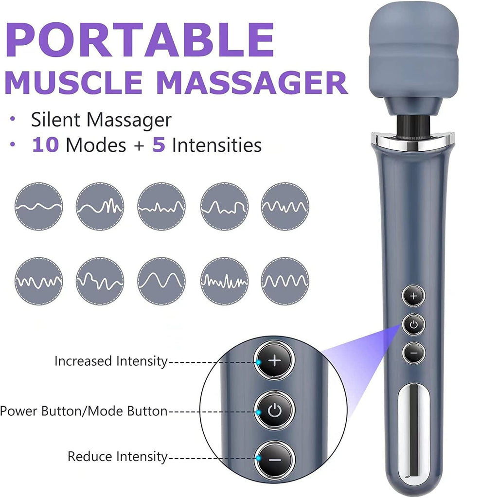 Cordless Personal Wand Electric Massager with 10 Powerful Magic Vibrations, MANFLY Rechargeable Handheld Back Massager Wand Massage (Gray)