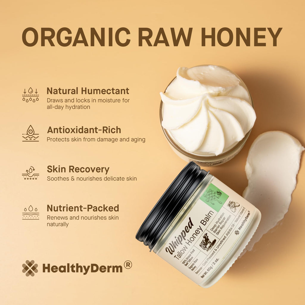 Beef Tallow Honey Balm for Skin: 100% Grass Fed Whipped Organic Moisturizer with Organic Raw Honey, Jojoba Oil, Vitamin E – Natural Face and Body Care for Mature, Dry or Sensitive Skin, 2oz