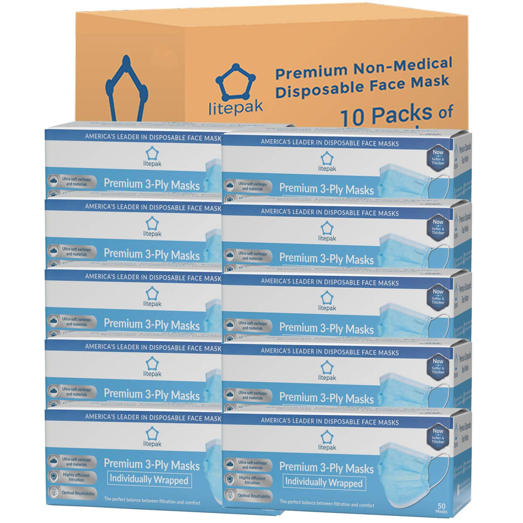 Litepak 500pcs Premium Disposable Face Mask SOFT 3ply - Individually Wrapped