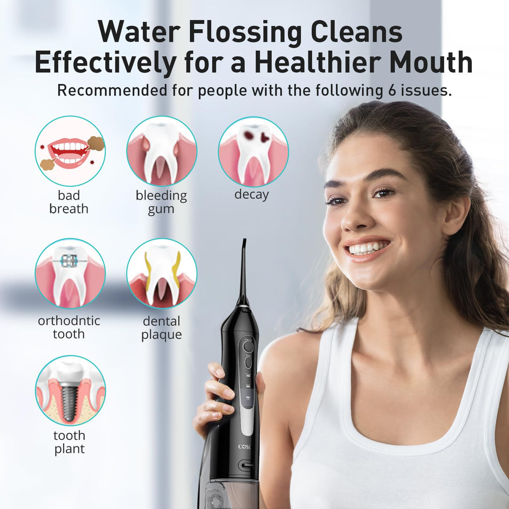 COSLUS Water Dental Flosser Teeth Pick C20: Portable Cordless Oral Irrigator 300ML Rechargeable Travel Irrigation Cleaner IPX7 Waterproof Electric Flossing Machine for Teeth Cleaning