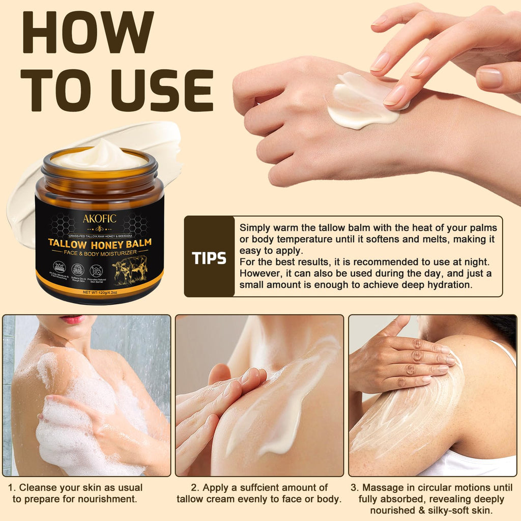 AKOFIC Beef Tallow for Skin, Tallow and Honey Balm, Organic Grass-Fed Beef Tallow for Face with Raw Honey and Beeswax, Body & Face Moisturizer for Dry/Sensitive Skin, Natural Formula, Light Scent