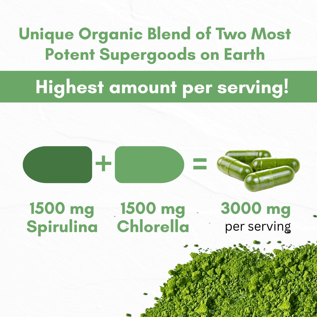 Chlorella Spirulina Powder Capsules 3000 mg of BMAA Free Purest Blue Green Algae - Best Natural Detox Raw Vegan Vitamins Protein Green Superfood - Made in USA