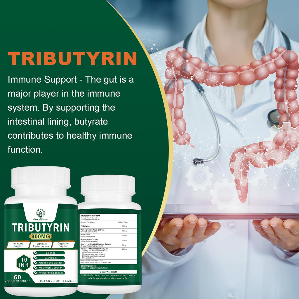 VITACRLLYNMN Tributyrin Supplement - Butyrate Precursor for Gut Barrier Support, Leaky Gut Support,Digestion 180 Count (Pack of 3)