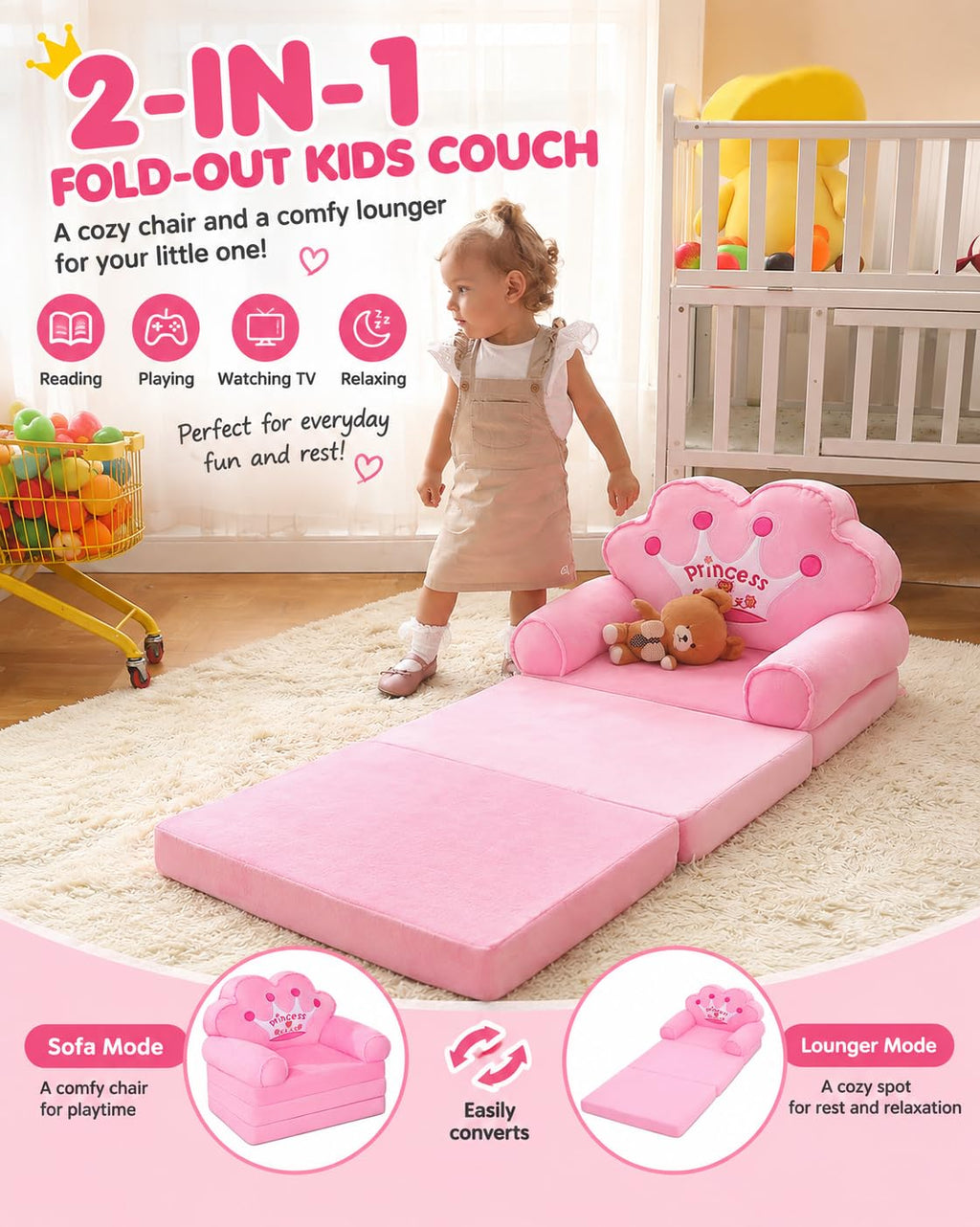 MOONBEEKI Kids Couch Fold Out, Foldable Princess Chair for Toddlers, Pink