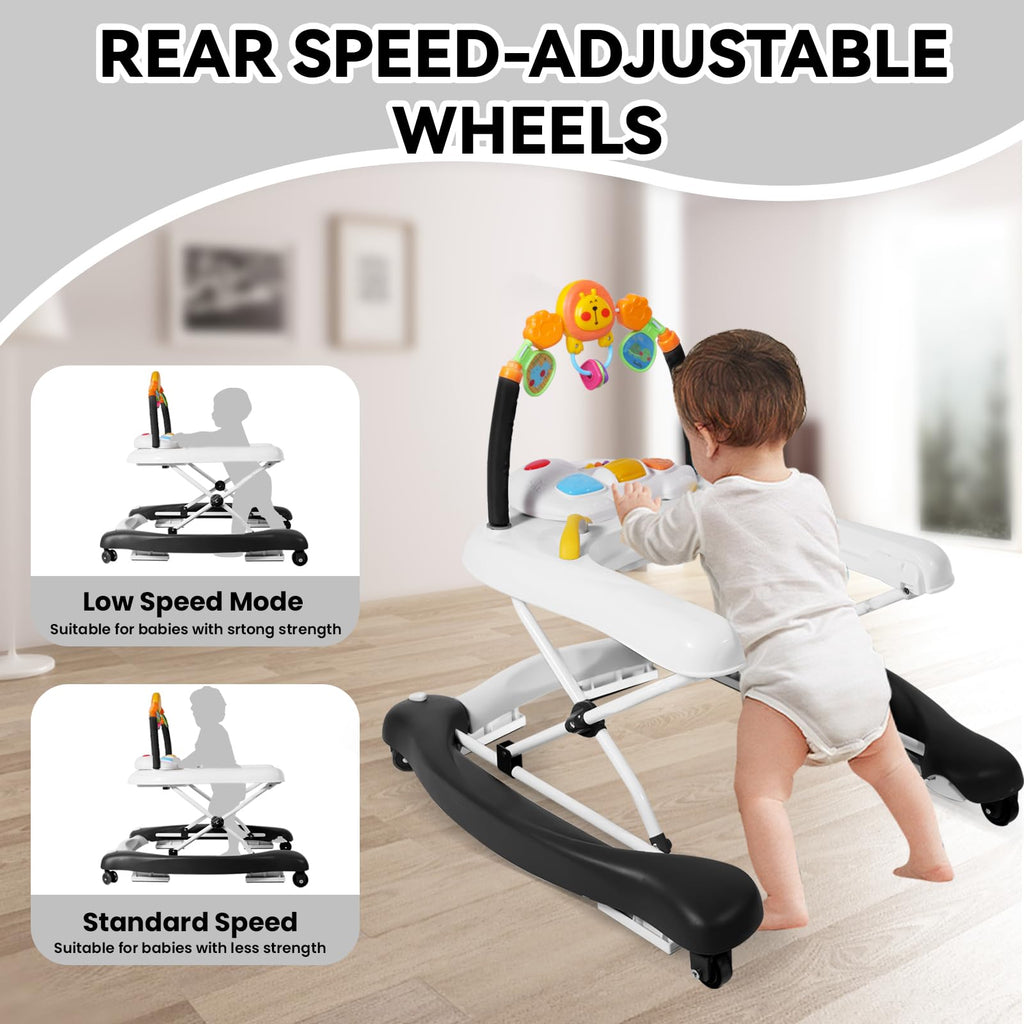 RefoereBabe Baby Walker with Wheels, 5 in 1 Baby Walkers for Boys Girls 6-12 Months, Foldable Walker Baby with Bouncer & Feeding Tray, Music, Adjustable Heights