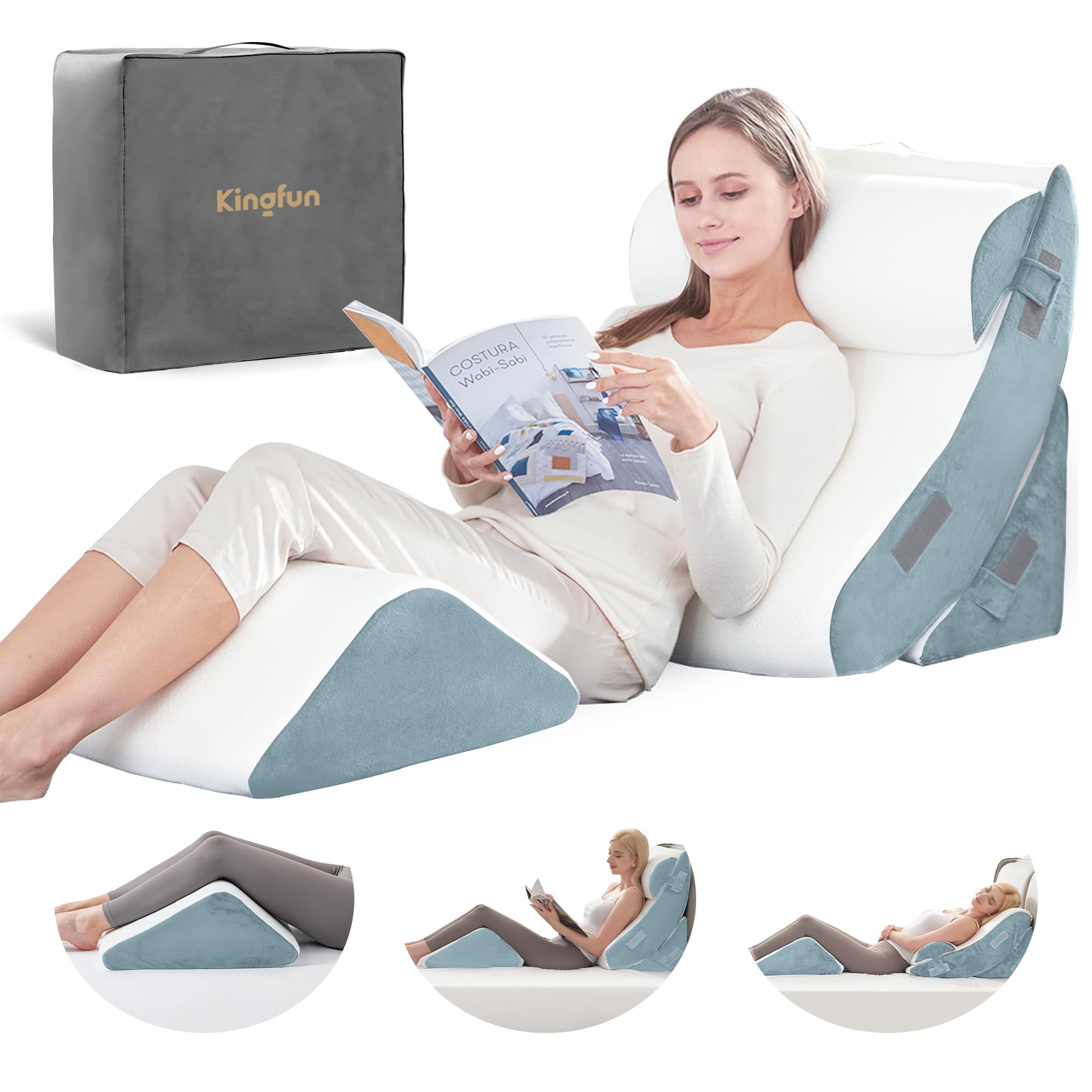 Kingfun 4PCS Orthopedic Bed Wedge Pillow Set for Headboard, Post Surgery Memory Foam Support Pillows for Back, Neck and Leg Pain Relief, Adjustable Triangle Pillow - Acid Reflux, Anti Snoring & GERD