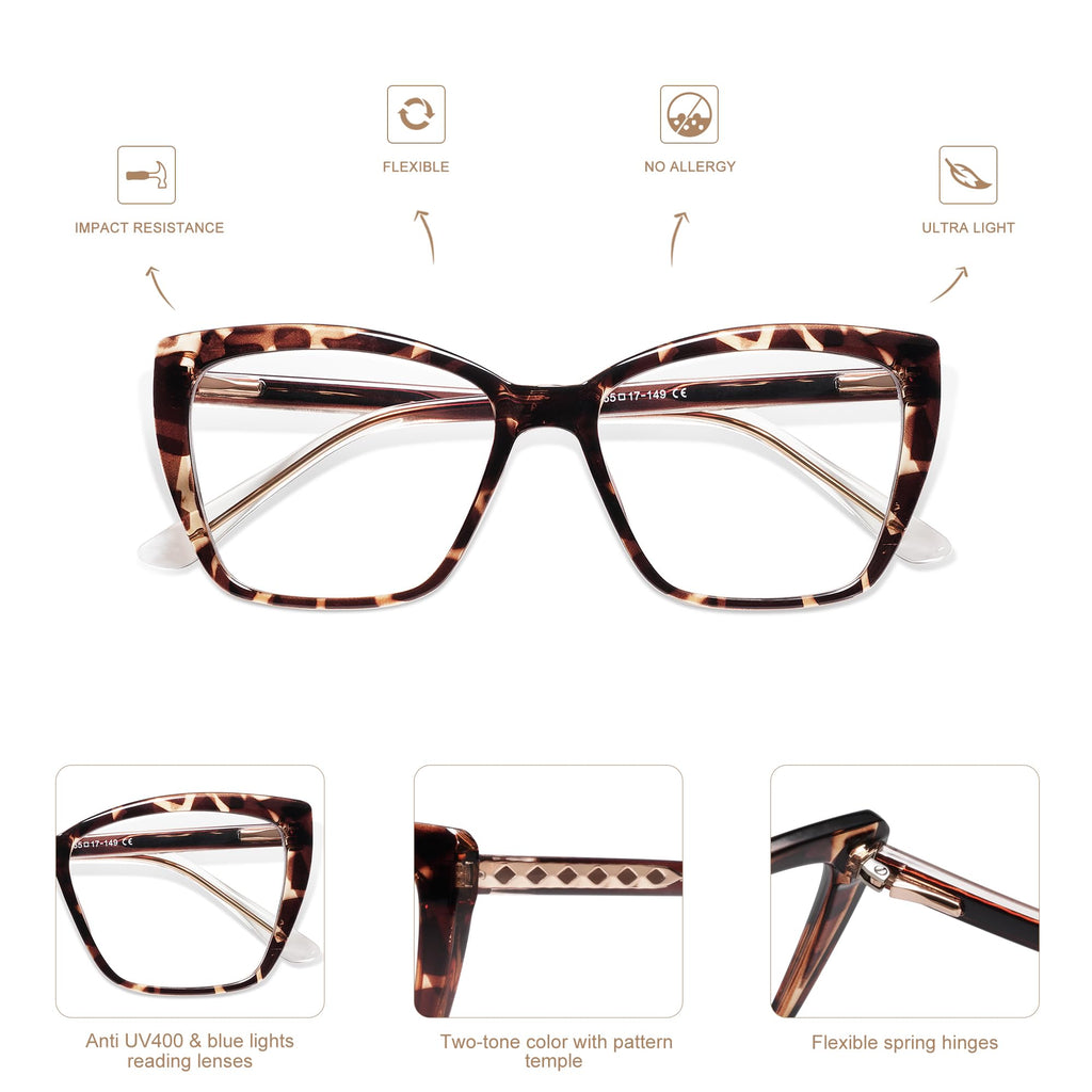 AMOMOMA Trendy TR90 Oversized Blue Light Reading Glasses Women,Stylish Square Cat Eye Glasses AM6031 C1+C6 0.0 x