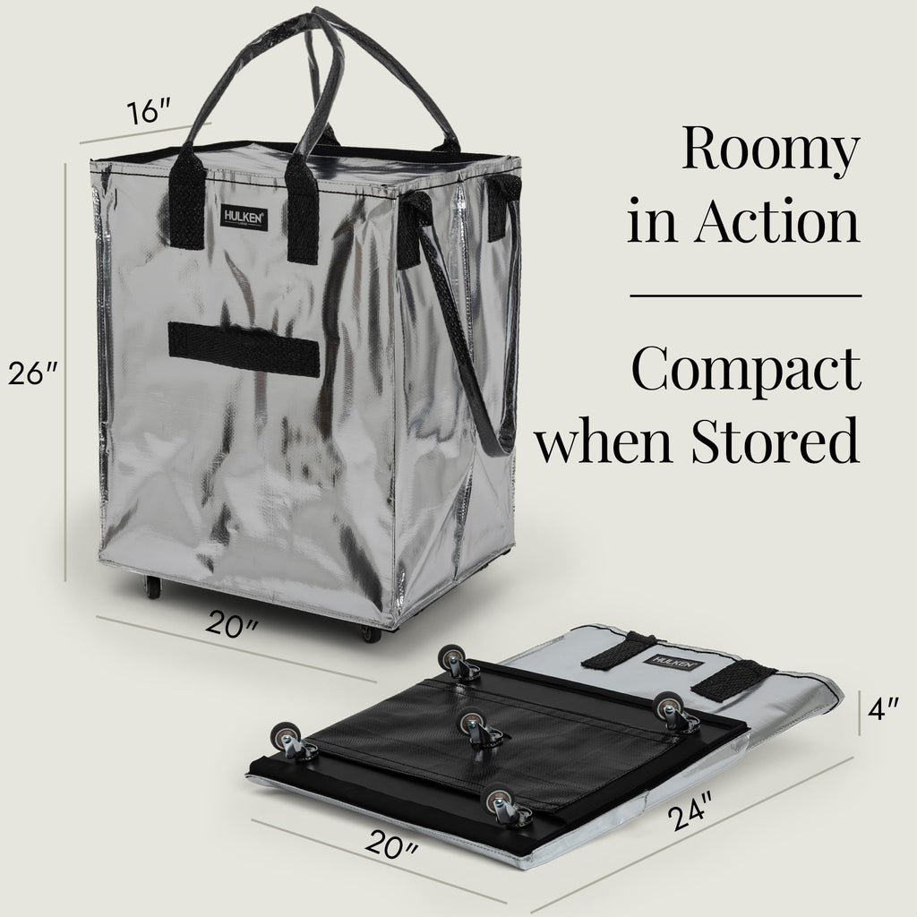 (Large, Silver) Reusable Grocery Bag On Wheels, Shopping Trolley, Rolling Tote, Zipper Closure, Lightweight, Carries Up to 66 lb, Folds Flat, Unbreakable Handles