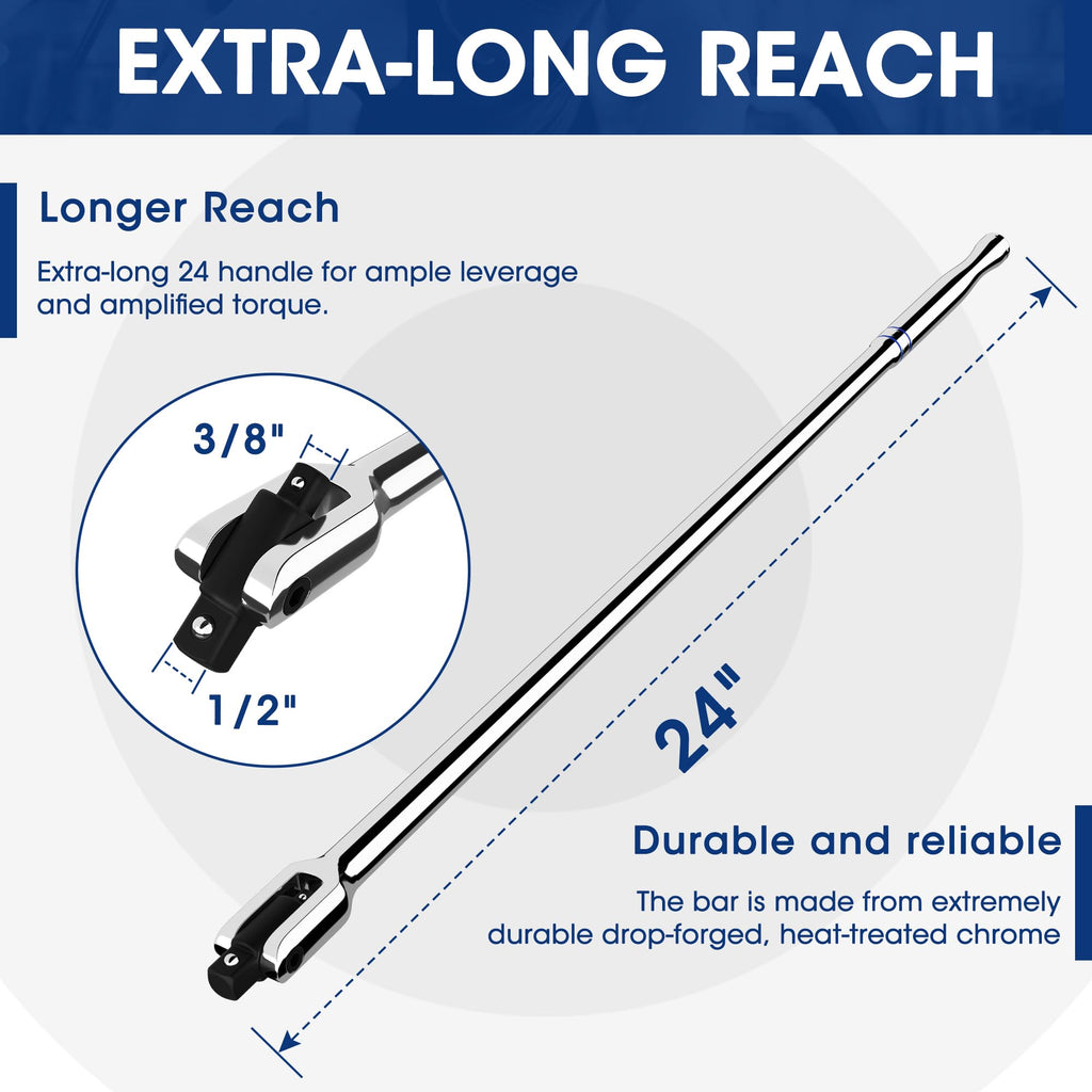 WORKPRO Dual Drive Breaker Bar, 3/8" & 1/2" Drive, Heavy Duty Breaker Bars, 24-inch Length with 360° Rotatable Head, Spring-loaded Detent Ball, Chrome Vanadium Steel Made