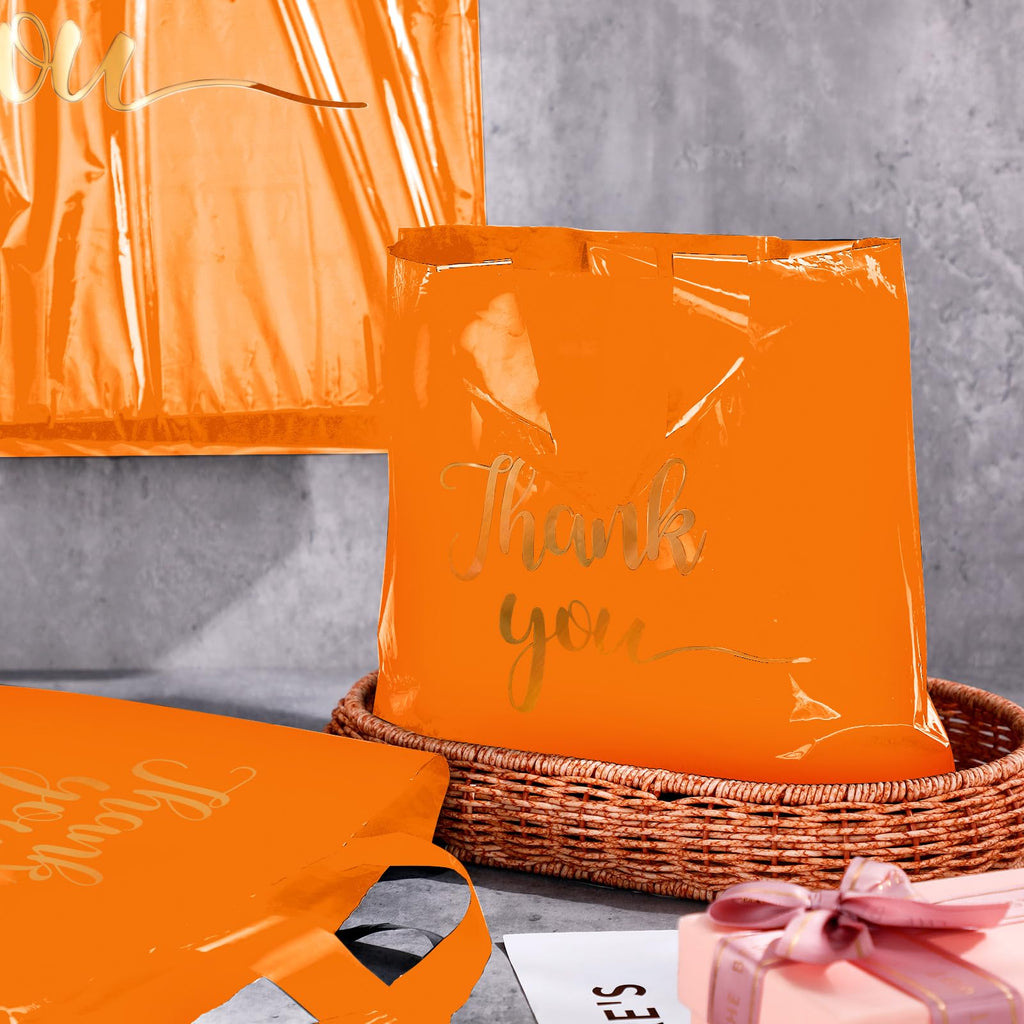 Teling 200 Pcs Thanks Bags with Handle Bulk Thank You Merchandise Bags 3 Size Plastic Packet Retail Shopping Package for Boutique 9 x 12'', 12 x 15'', 15 x 18''(Orange)