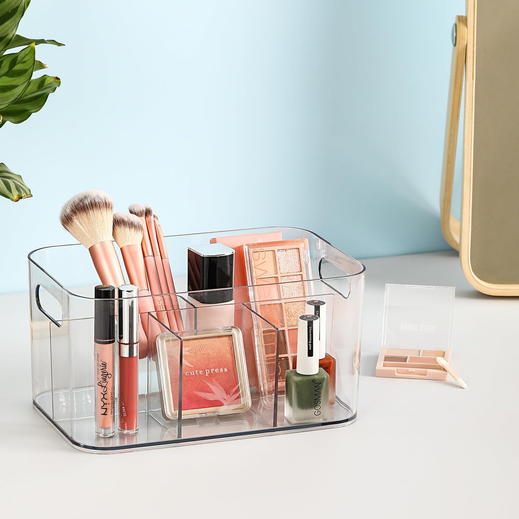 2 Pack, 5-Compartment Clear Plastic Bin - Divided Art Supplies, Cosmetic Makeup Caddy Organizer - Multiuse Storage Container for Vanity, Bathroom, Kitchen, Office, Craft, Shower, Cleaning Items