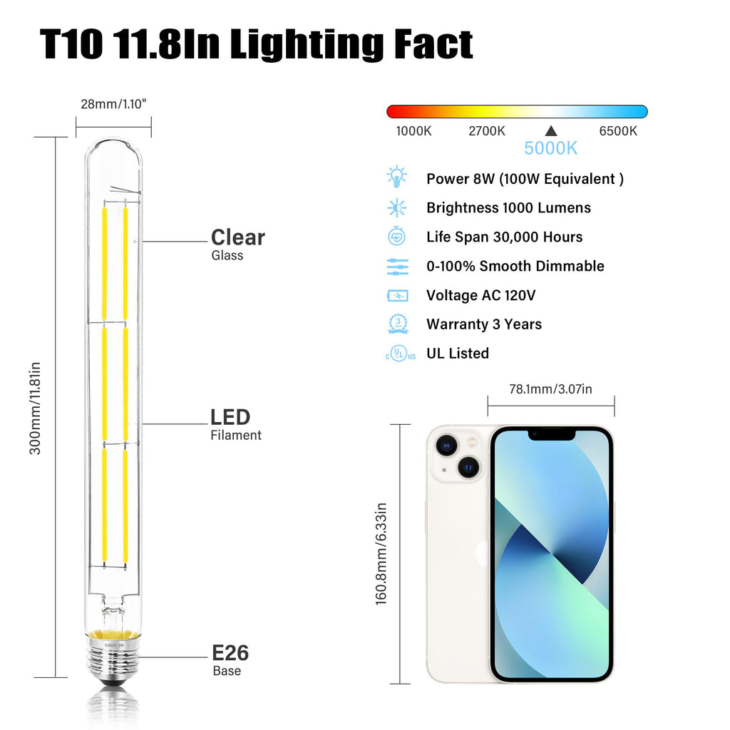 NOVELUX 11.8IN 1000LM 5000K Daylight White Light Bulbs E26 Base, T10 T9 Edison Bulbs Dimmable 8W, AC 120V 100 Watt Equal Filament Bulb, Vintage Clear Glass Long Tubular LED Bulb, UL Certified - 4Pack