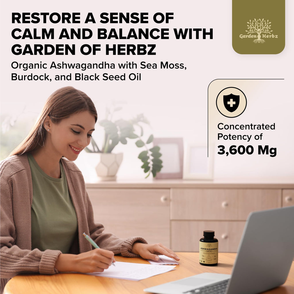 Garden of Herbz Organic Ashwagandha Root & Irish Sea Moss – 3,600 mg Ashwagandha Supplement with Black Seed Oil, & Burdock Root – Herbal Supplement for Energy, Calm, Mood, & Wellness, 120 Caps