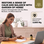 Garden of Herbz Organic Ashwagandha Root & Irish Sea Moss – 3,600 mg Ashwagandha Supplement with Black Seed Oil, & Burdock Root – Herbal Supplement for Energy, Calm, Mood, & Wellness, 120 Caps