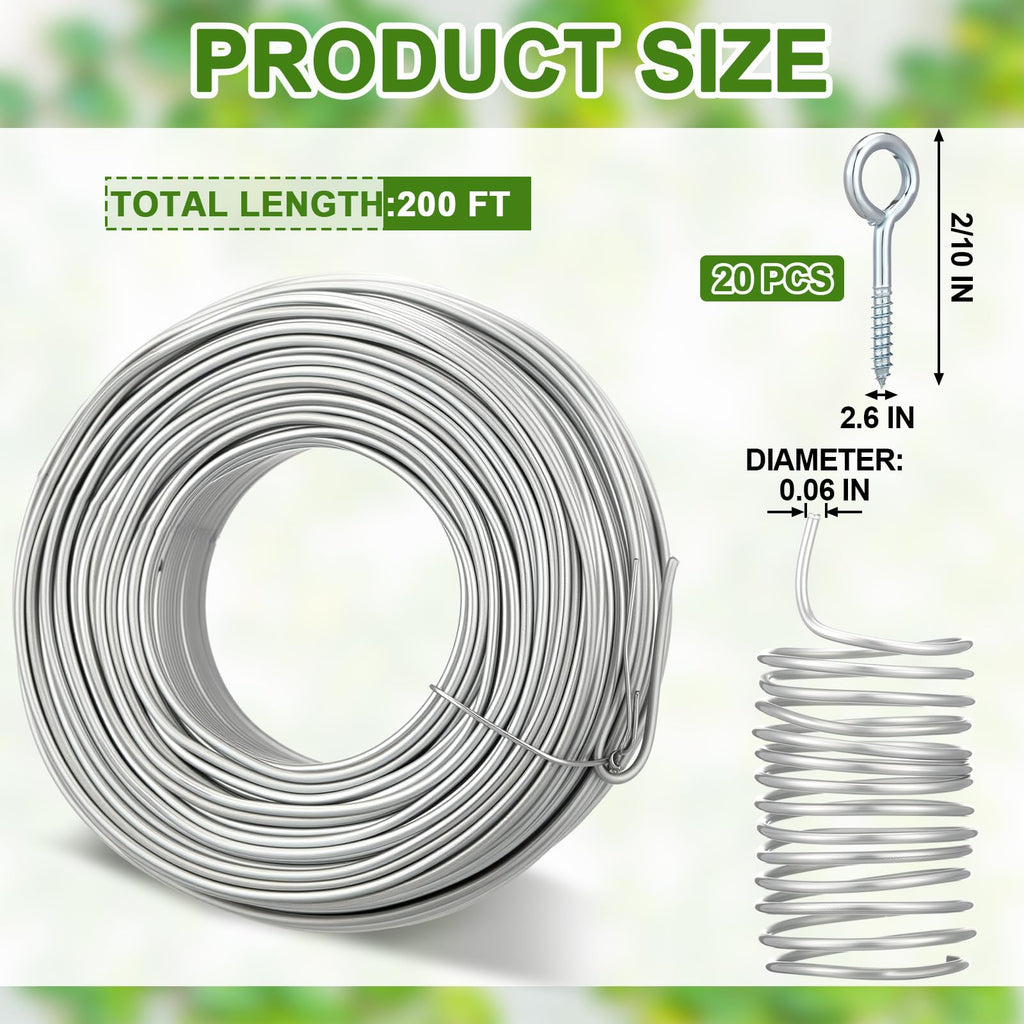 Blulu 200 ft Wire Trellis Kit 16 Gauge Galvanized Coated Steel Garden Wire Trellis with 20 Vine Eye Screws for Outdoor Wall Fence Grape Climbing Plants