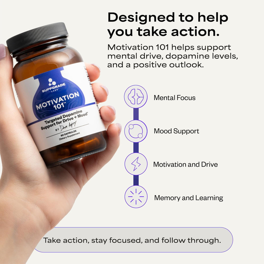 Suppgrade Labs Motivation 101 by Dave Asprey | Targeted Dopamine Support for Drive + Mood | Supports Focus, Memory, Learning, Balanced Moods, and Positive Mental Outlook | 30 Day Supply