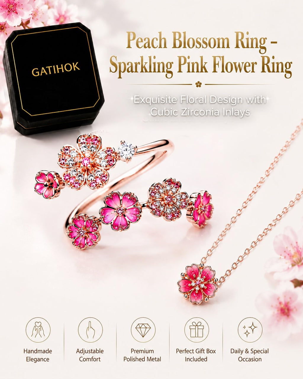 GATIHOK Peach Blossom Ring, Pink Flower Rings for Women Gemstone Everyday Trendy Bridal Bridesmaid Adjustable Metal Ring Hand Flower for Wedding Silver Minimalist Bloom Petal Rings Vacation