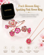 GATIHOK Peach Blossom Ring, Pink Flower Rings for Women Gemstone Everyday Trendy Bridal Bridesmaid Adjustable Metal Ring Hand Flower for Wedding Silver Minimalist Bloom Petal Rings Vacation