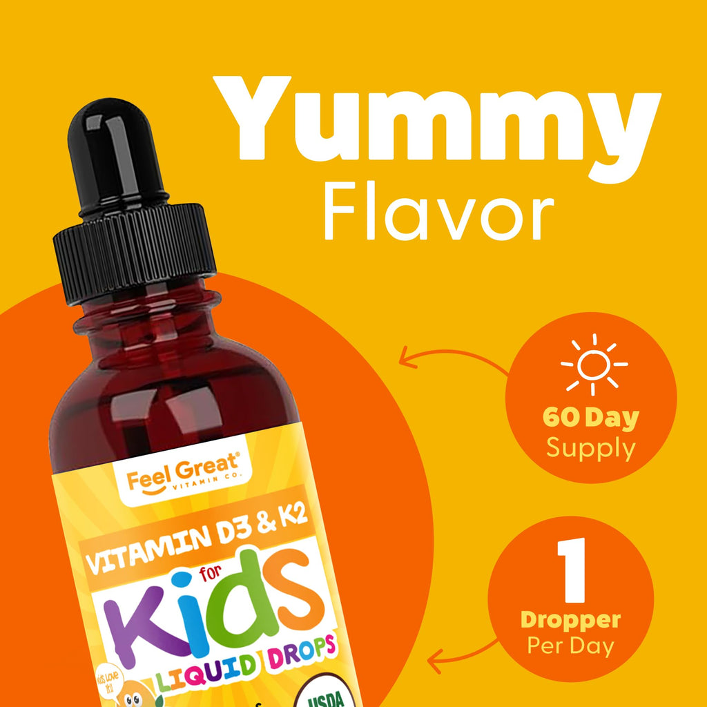 Feel Great USDA Organic Liquid Vitamin D Drops for Infants & Toddlers (2 oz) w/ K2 for Absorption | Vitamin D for Kids Supports Immune Support & Bone Health | Sugar Free, Vegan, Non-GMO & Gluten Free