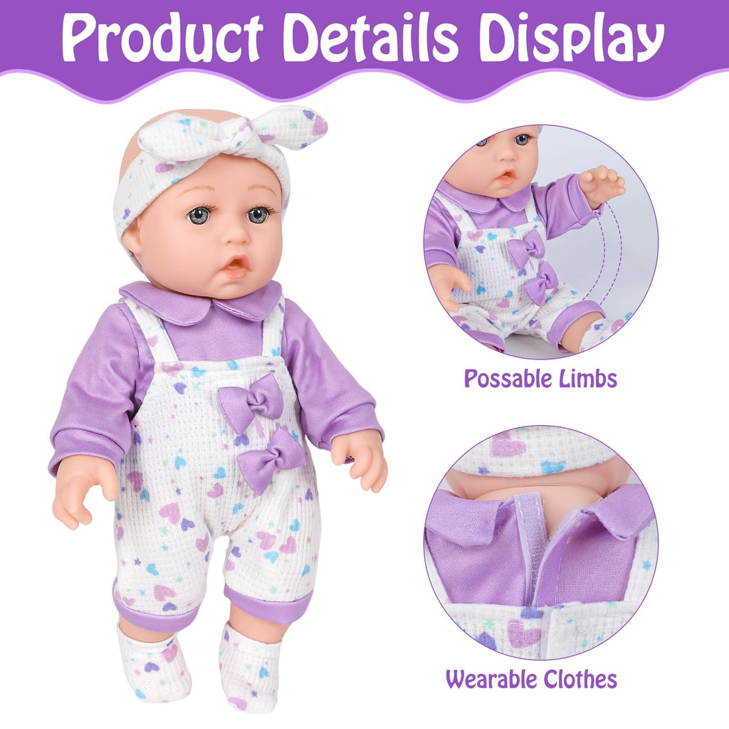 UZIDBTO 12" Baby Doll with Flower Pattern Backpack Carrier,12 Inch Realistic Baby Dolls with Clothes and Accessories Hanky Pacifier Bottle Diaper Toy Pretend Play Collection for 3+ Child Girls Gifts