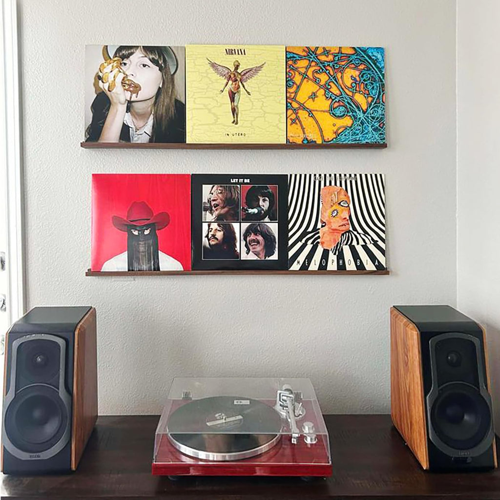 MÖNKE Vinyl Record Wall Mount - a 96 cm Long Elegant Display Ledge Made from Solid Walnut - This Vinyl Record Shelf Will Hold Records of Any Size (Walnut)