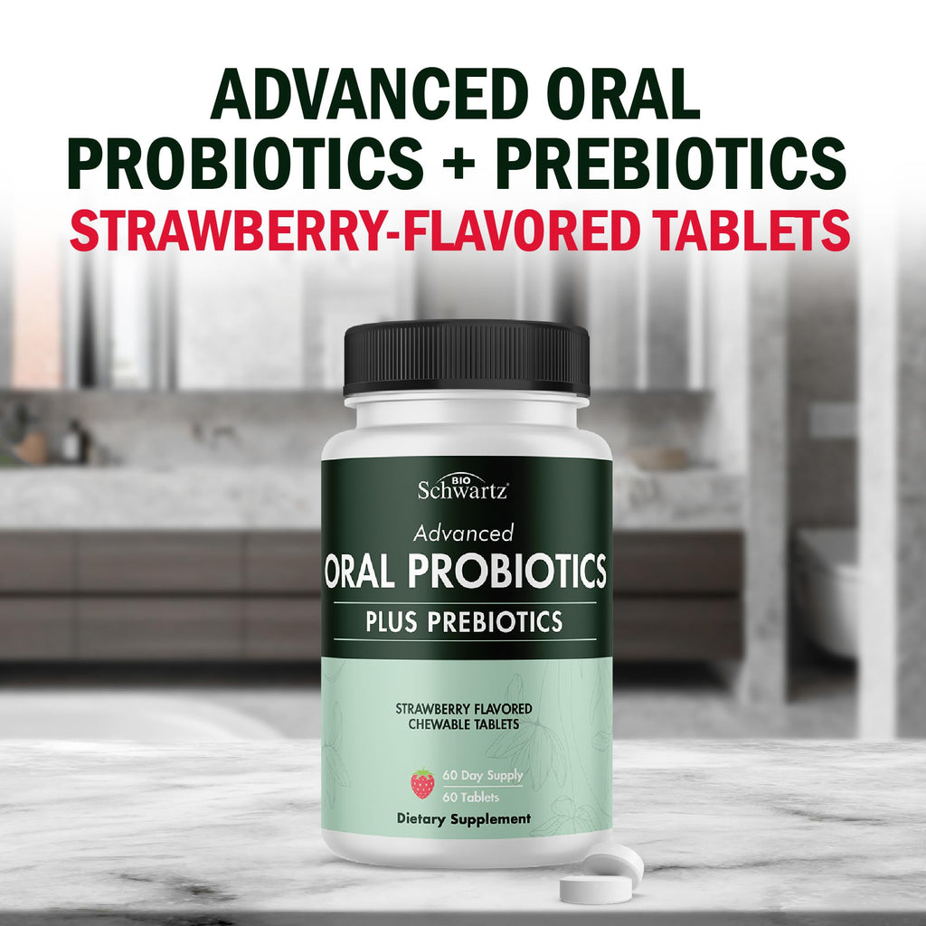Oral Probiotics Supplement with Prebiotics - Supports Healthy Teeth Gums Mouth and Fresh Odorless Breath for Adults - Strawberry Flavored Chewable Dental Probiotic (60 Tablets, 60 Day Supply)