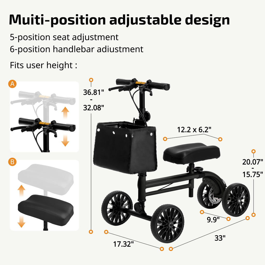 VitaSophy Knee Scooter with Disc Brake, Steerable Knee Walker for Adults,Foldable Rover Scooter forBroken Foot Injured Leg Crutch,Black