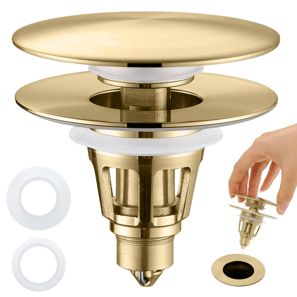 PerPaiMe Universal Bathroom Sink Stopper - Pop Up Sink Drain Stopper, Push Button Flixfilter Sink Drain Stopper Replacement, Wash Basin Drain Filter Plug Anti-Clogging Basket, Brushed Gold