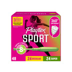 Playtex Sport Tampons Multipack (24ct Regular/24ct Super), Fragrance-Free - 48ct | Tampons Regular and Super, Playtex Tampon Multipack, Feminine Care with 360 Leak Defense