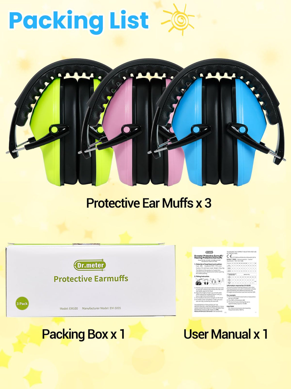 Dr.meter Ear Muffs for Noise Reduction: 27.4SNR Noise Cancelling Headphones for Kids Adults, EM100 Adjustable Hearing Protection Earmuffs for Monster Jam, Autism Sensory, Concerts, Fireworks- 3PACK