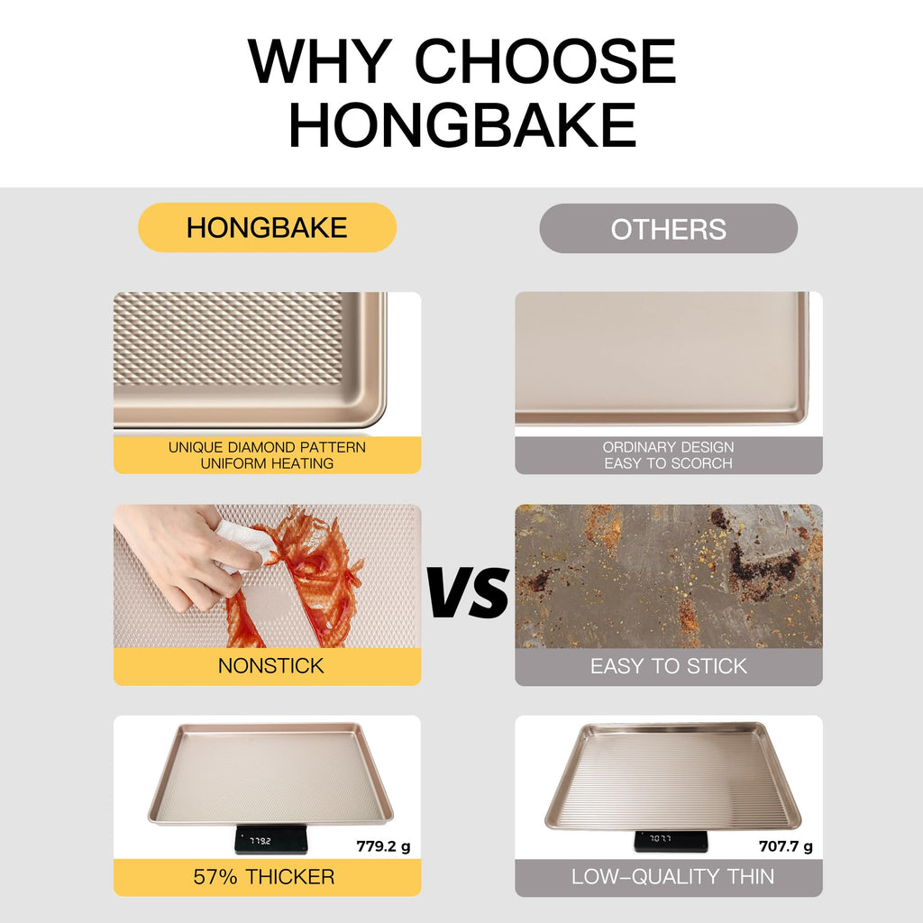 HONGBAKE 2 Pack Jelly Roll Pan 15x10, Commercial Cookie Sheets for Baking with Diamond Texture Surface, 57% Thicker Carbon Steel Baking Sheet for Oven, Nonstick Cooking Tray